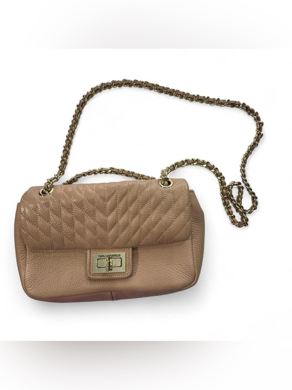 Karl Lagerfeld Paris Agyness Quilted Leather Flap Shoulder Bag Gold Chain Beige